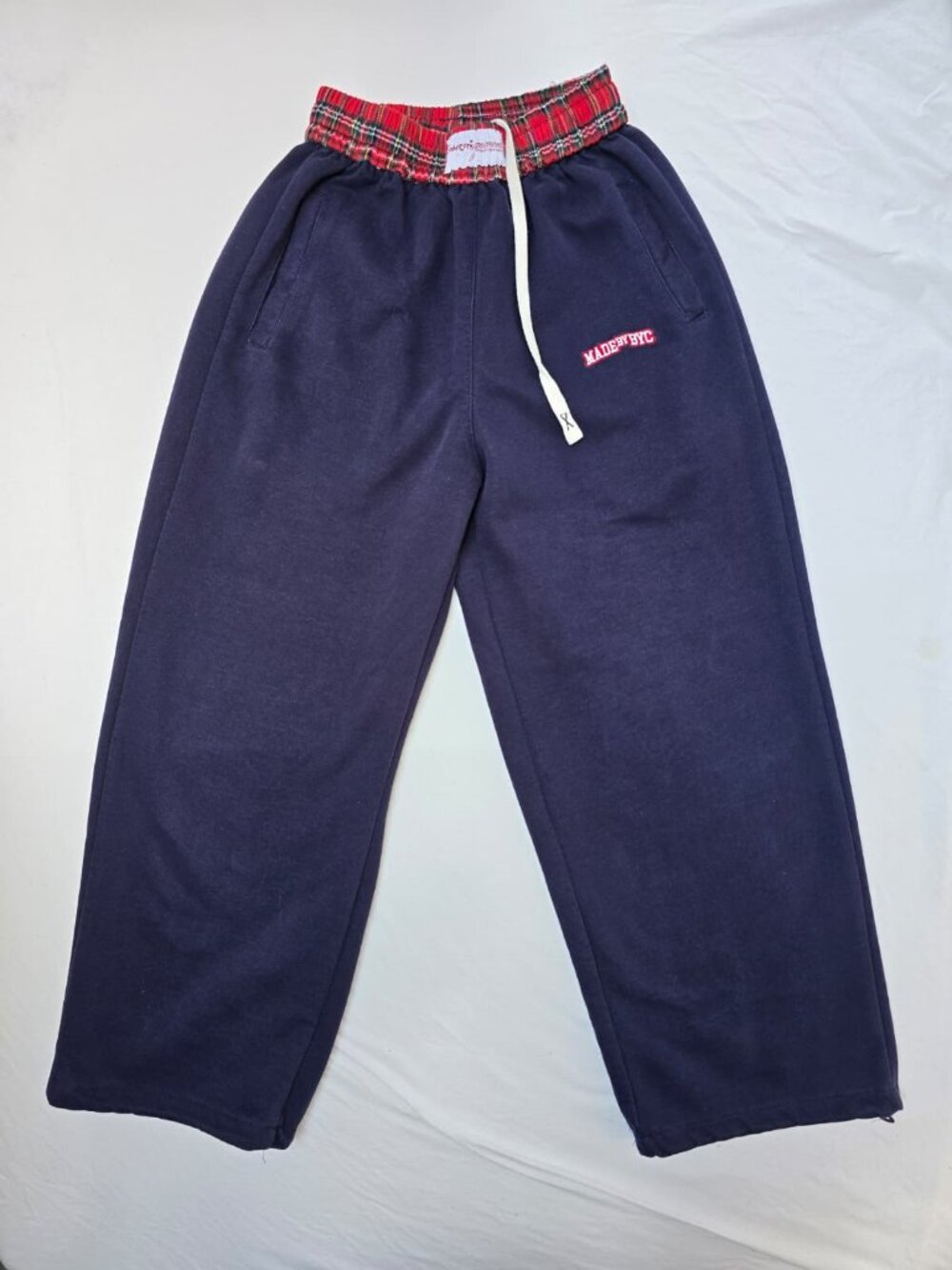 BY CAMCAM Navy Sweatpants with Plaid Waistband – Size Unknown